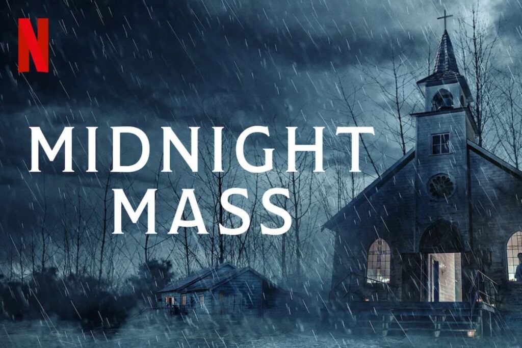 Midnight Mass Netflix poster chiesa isolata tempesta pioggia Mike Flanagan serie horror vampiri Halloween streaming Sky